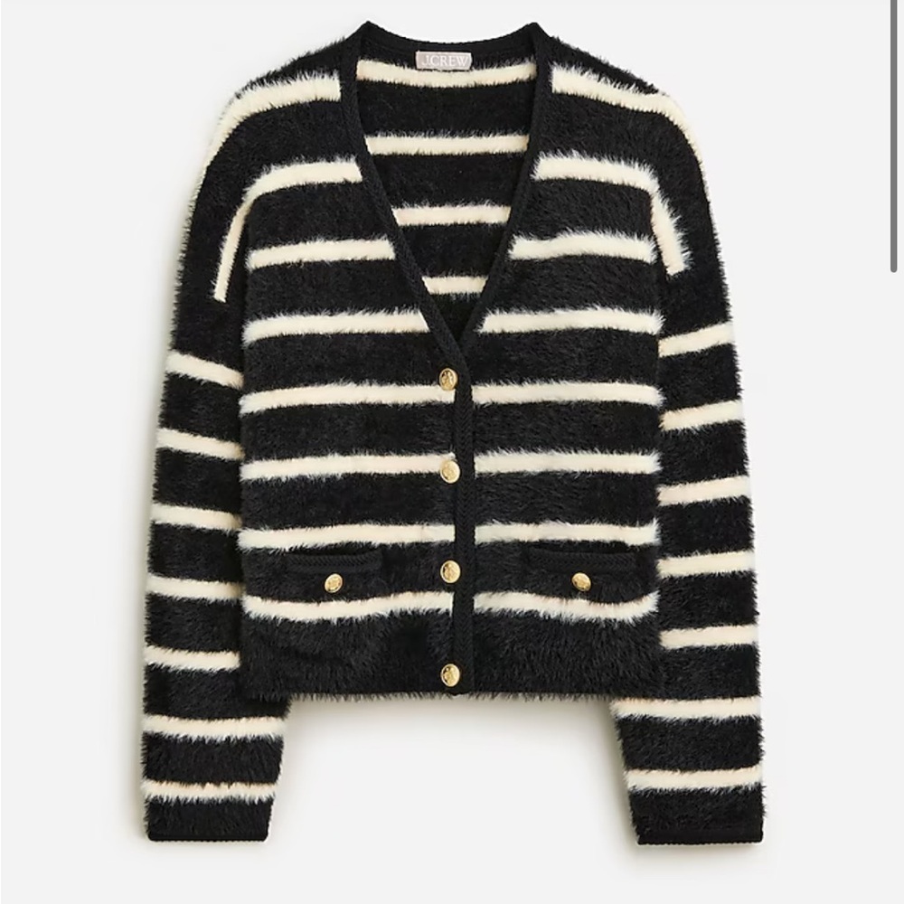 NWT Sweater lady jacket in striped brushed yarn size L (read more) Navy/Cream - Picture 2 of 8